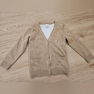 Chloe Beige V-Neck Button Front Cardigan w Gold Trim In Size 4